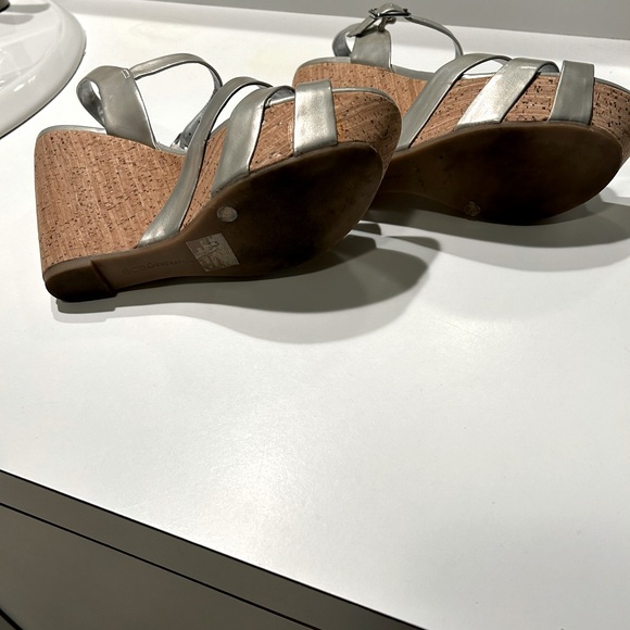 BCBG Generation Wedge Sandals. Silver leather with cork wedge. - Picture 4 of 4